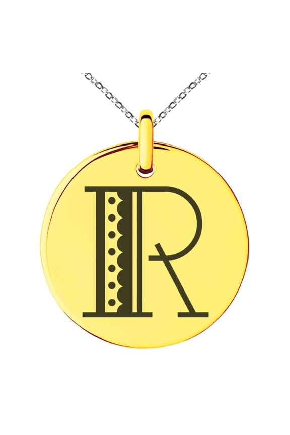 Stainless Steel Letter R Initial Metro Retro Monogram Engraved Small Medallion Circle Charm Pendant Necklace