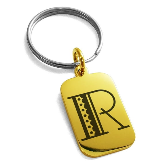 Stainless Steel Letter R Initial Metro Retro Monogram Engraved Small Rectangle Dog Tag Charm Keychain Keyring