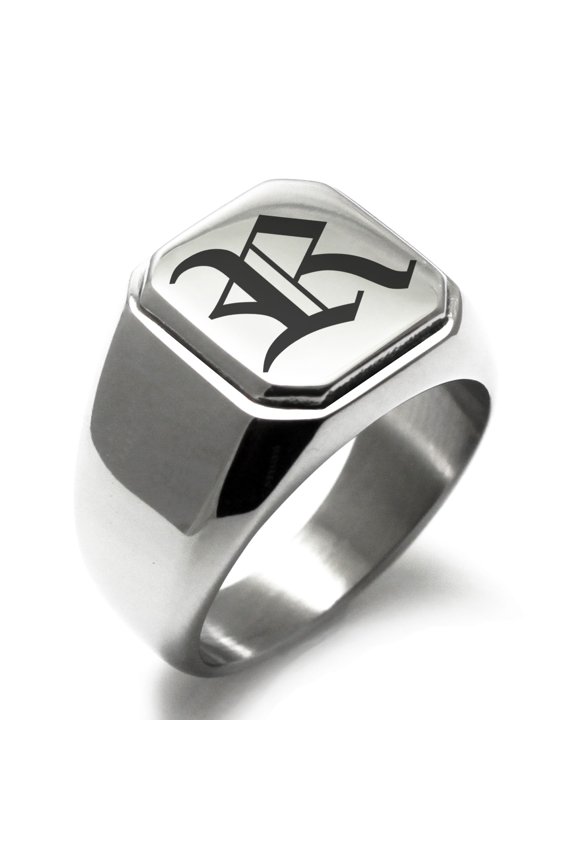 Stainless Steel Letter R Initial Old English Monogram Engraved Engraved Square Flat Top Biker Style Polished Signet Ring