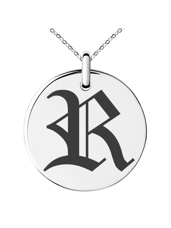 Stainless Steel Letter R Initial Old English Monogram Engraved Small Medallion Circle Charm Pendant Necklace