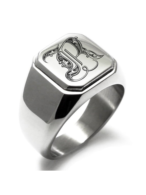 Stainless Steel Letter R Initial Royal Monogram Engraved Engraved Square Flat Top Biker Style Polished Signet Ring