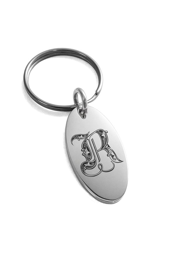 Stainless Steel Letter R Initial Royal Monogram Engraved Small Oval Charm Keychain Keyring