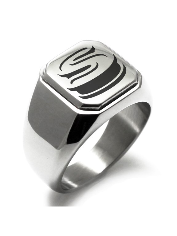 Stainless Steel Letter S Initial 3D Monogram Engraved Engraved Square Flat Top Biker Style Polished Signet Ring