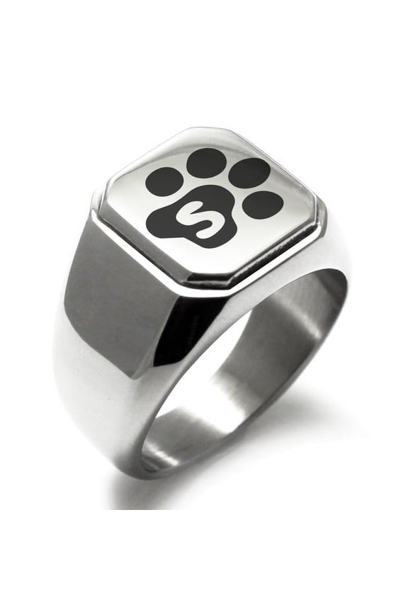 Stainless Steel Letter S Initial Cat Dog Paws Monogram Engraved Square Flat Top Biker Style Polished Signet Ring
