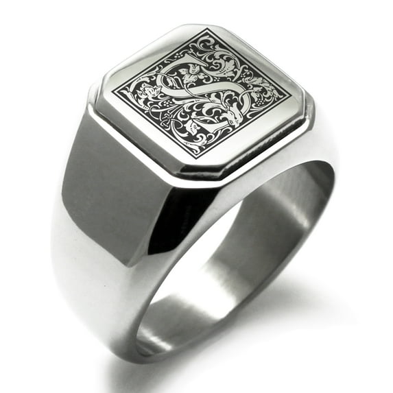 Stainless Steel Letter S Initial Floral Box Monogram Engraved Engraved Square Flat Top Biker Style Polished Signet Ring