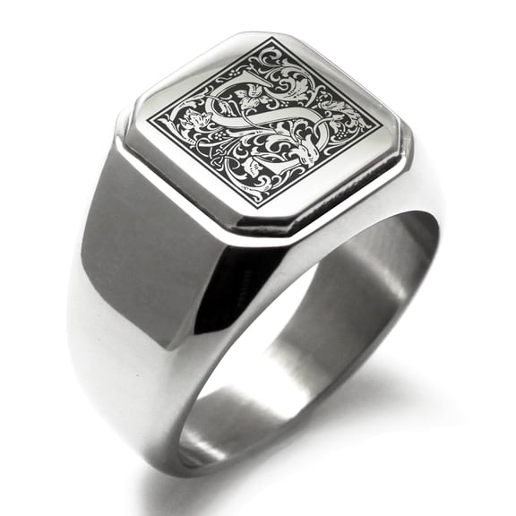 Stainless Steel Letter S Initial Floral Box Monogram Engraved Engraved Square Flat Top Biker Style Polished Signet Ring