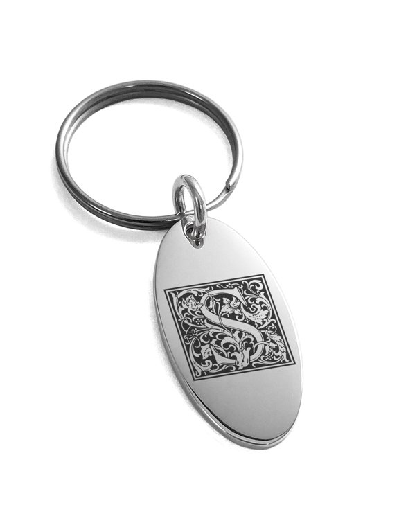 Stainless Steel Letter S Initial Floral Box Monogram Engraved Small Oval Charm Keychain Keyring