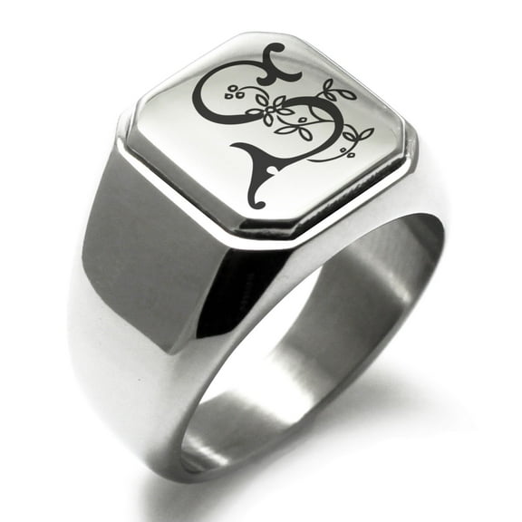 Tioneer Stainless Steel Letter S Initial Floral Monogram Engraved Engraved Square Flat Top Biker Style Polished Signet Ring