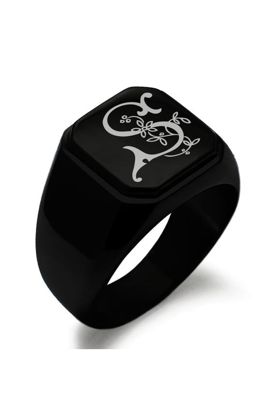 Stainless Steel Letter S Initial Floral Monogram Engraved Engraved Square Flat Top Biker Style Polished Signet Ring