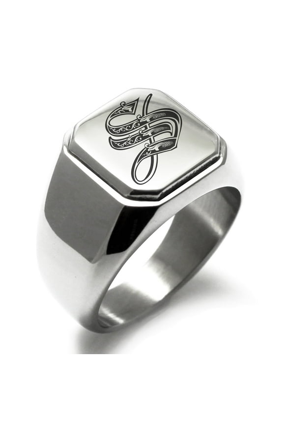 Stainless Steel Letter S Initial Royal Monogram Engraved Square Flat Top Biker Style Polished Signet Ring