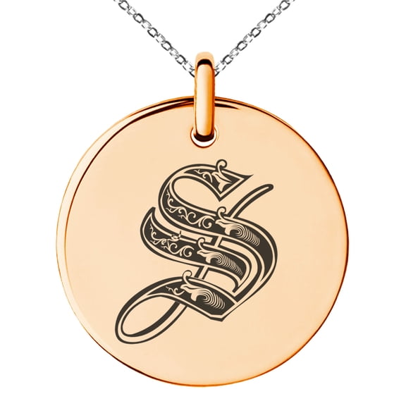 Tioneer Stainless Steel Letter S Initial Royal Monogram Engraved Small Medallion Circle Charm Pendant Necklace
