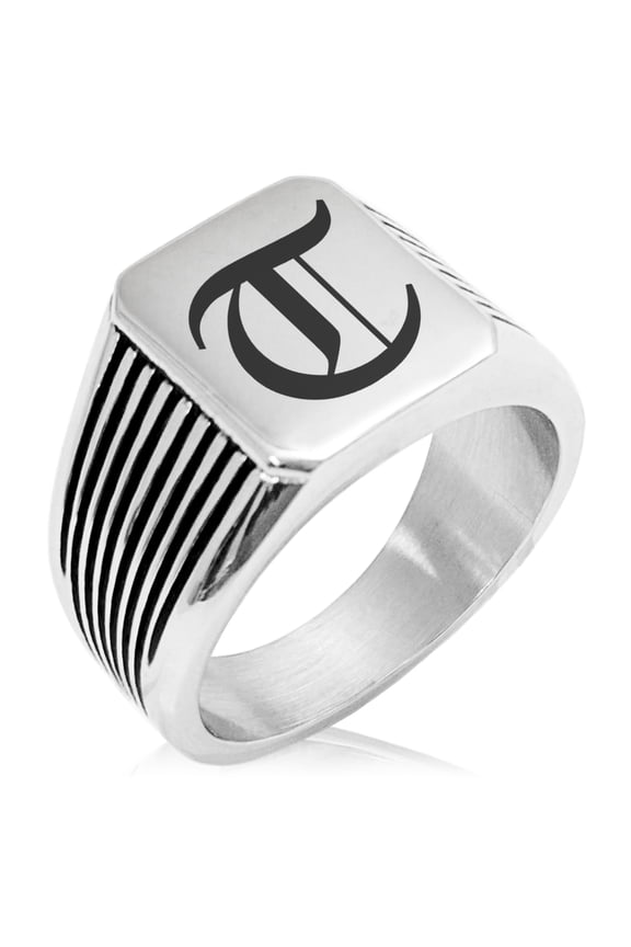 Stainless Steel Letter T Alphabet Initial Old English Monogram Needle Stripe Pattern Biker Style Polished Ring
