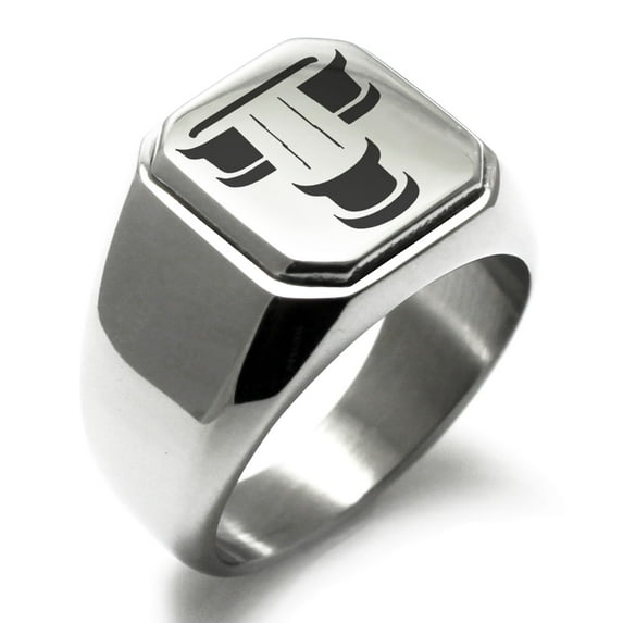 Stainless Steel Letter T Initial 3D Monogram Engraved Engraved Square Flat Top Biker Style Polished Signet Ring