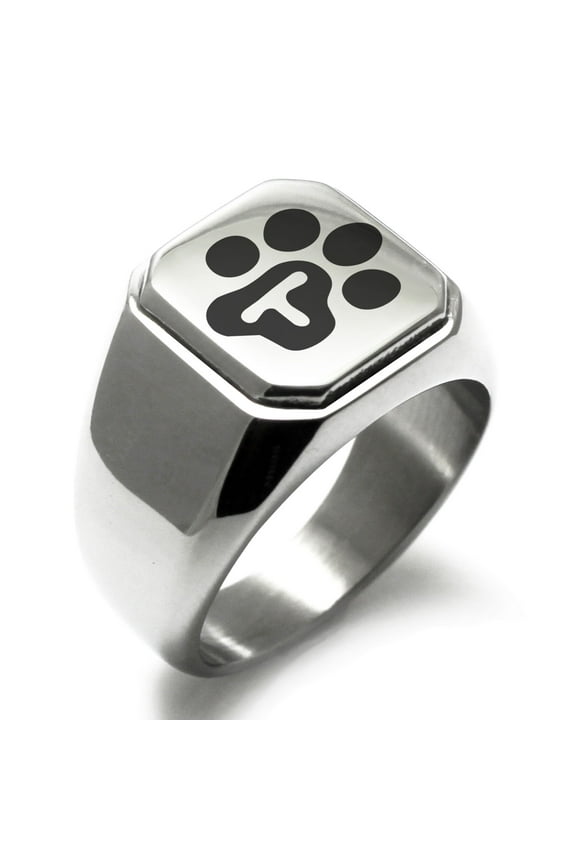 Stainless Steel Letter T Initial Cat Dog Paws Monogram Engraved Engraved Square Flat Top Biker Style Polished Signet Ring
