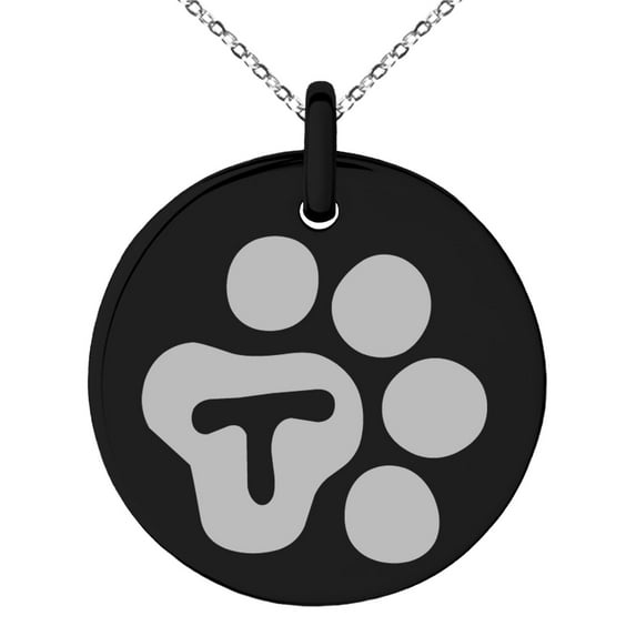 Stainless Steel Letter T Initial Cat Dog Paws Monogram Engraved Small Medallion Circle Charm Pendant Necklace
