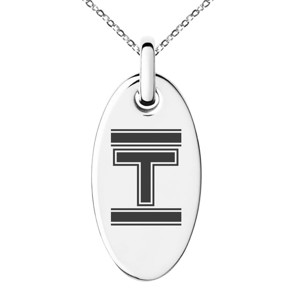 Stainless Steel Letter T Initial Empire Monogram Engraved Small Oval Charm Pendant Necklace