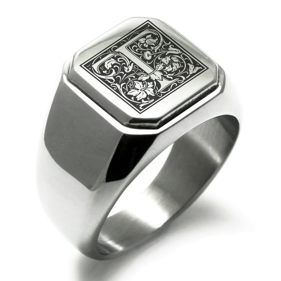 Stainless Steel Letter T Initial Floral Box Monogram Engraved Engraved Square Flat Top Biker Style Polished Signet Ring