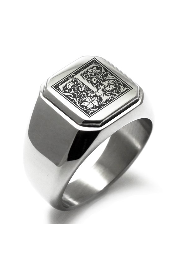 Stainless Steel Letter T Initial Floral Box Monogram Engraved Engraved Square Flat Top Biker Style Polished Signet Ring