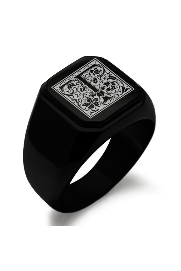 Stainless Steel Letter T Initial Floral Box Monogram Engraved Engraved Square Flat Top Biker Style Polished Signet Ring