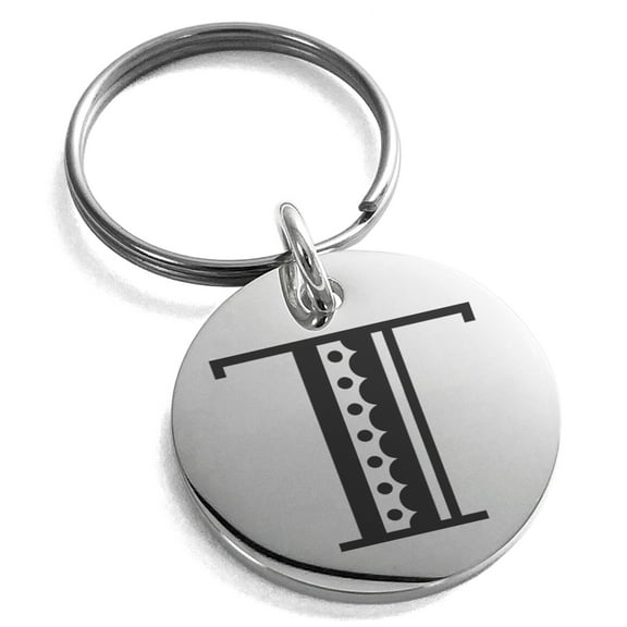 Stainless Steel Letter T Initial Metro Retro Monogram Engraved Small Medallion Circle Charm Keychain Keyring