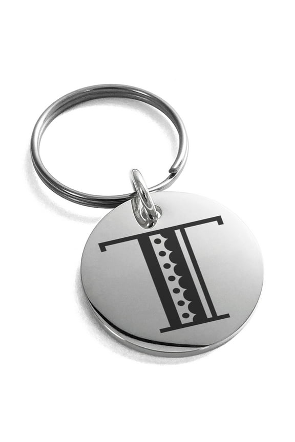 Stainless Steel Letter T Initial Metro Retro Monogram Engraved Small Medallion Circle Charm Keychain Keyring