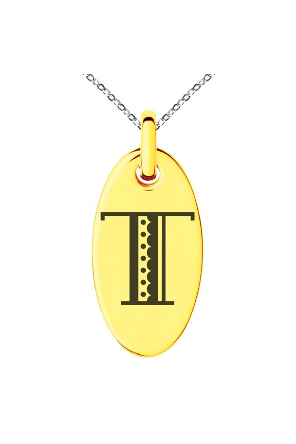 Stainless Steel Letter T Initial Metro Retro Monogram Engraved Small Oval Charm Pendant Necklace