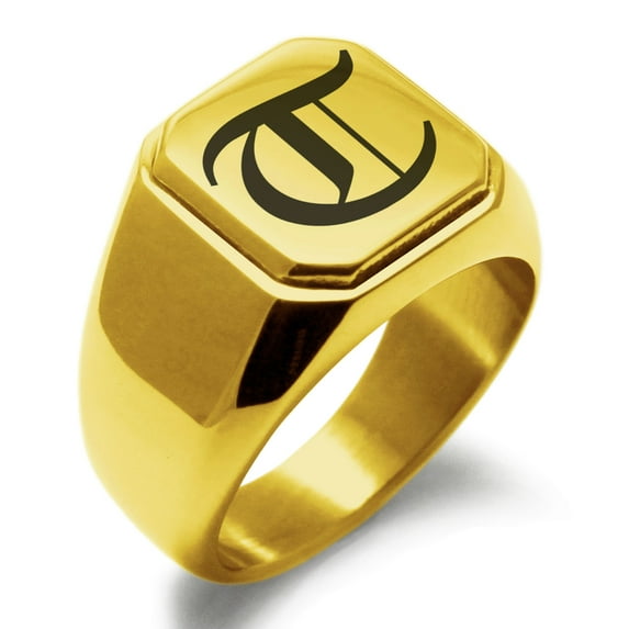 Stainless Steel Letter T Initial Old English Monogram Engraved Engraved Square Flat Top Biker Style Polished Signet Ring