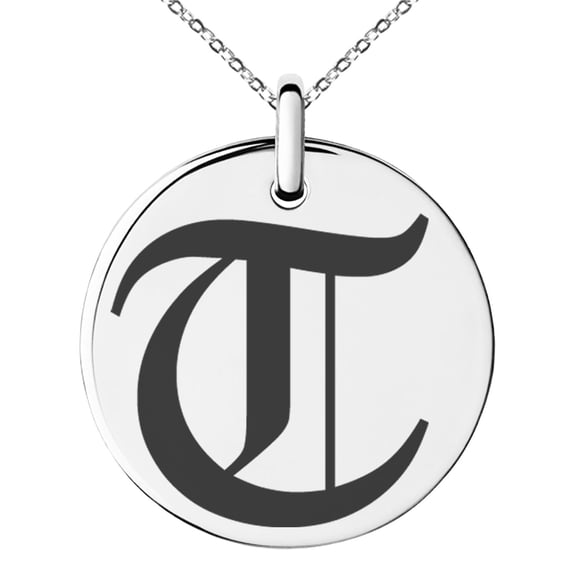 Stainless Steel Letter T Initial Old English Monogram Engraved Small Medallion Circle Charm Pendant Necklace