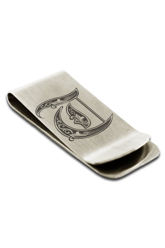 Stainless Steel Letter T Initial Royal Monogram Engraved Engraved Money Clip Credit Card Holder