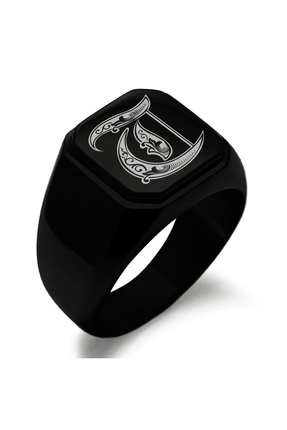 Stainless Steel Letter T Initial Royal Monogram Engraved Engraved Square Flat Top Biker Style Polished Signet Ring