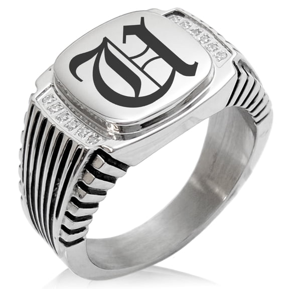 Stainless Steel Letter U Alphabet Initial Old English Monogram CZ Ribbed Needle Stripe Pattern Biker Style Polished Ring