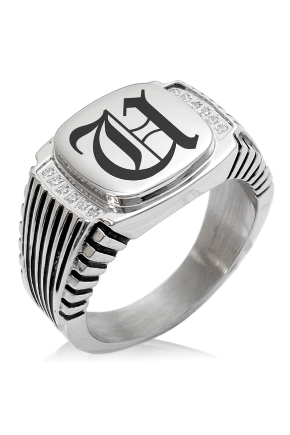 Stainless Steel Letter U Alphabet Initial Old English Monogram CZ Ribbed Needle Stripe Pattern Biker Style Polished Ring