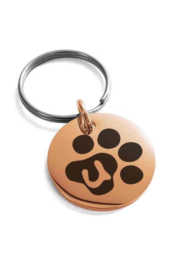 Stainless Steel Letter U Initial Cat Dog Paws Monogram Engraved Small Medallion Circle Charm Keychain Keyring