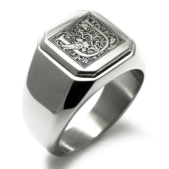 Tioneer Stainless Steel Letter U Initial Floral Box Monogram Engraved Engraved Square Flat Top Biker Style Polished Signet Ring