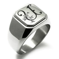 Stainless Steel Letter U Initial Floral Monogram Engraved Engraved Square Flat Top Biker Style Polished Signet Ring