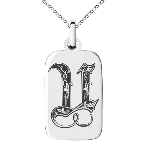 Stainless Steel Letter U Initial Royal Monogram Engraved Small Rectangle Dog Tag Charm Pendant Necklace