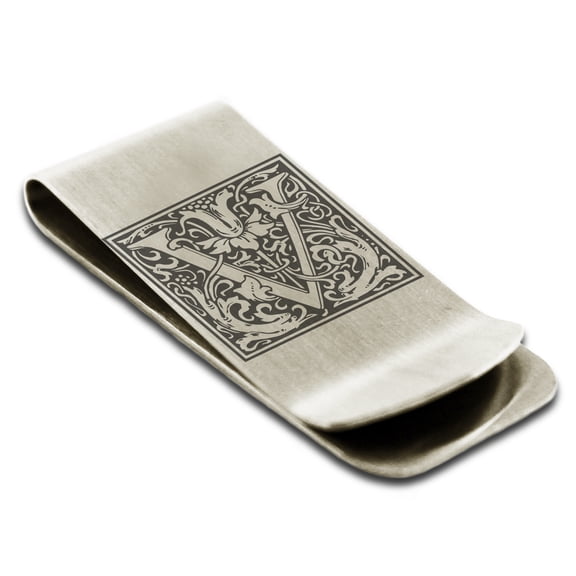 Stainless Steel Letter V Initial Floral Box Monogram Engraved Engraved Money Clip Credit Card Holder