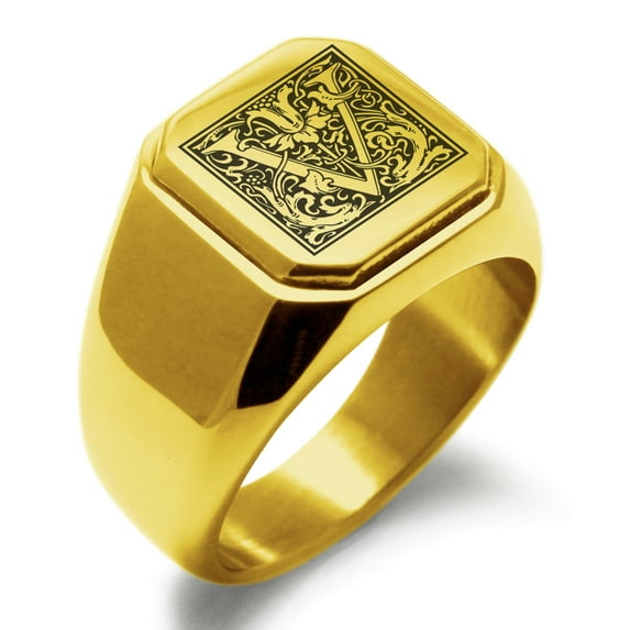 Stainless Steel Letter V Initial Floral Box Monogram Engraved Engraved Square Flat Top Biker Style Polished Signet Ring