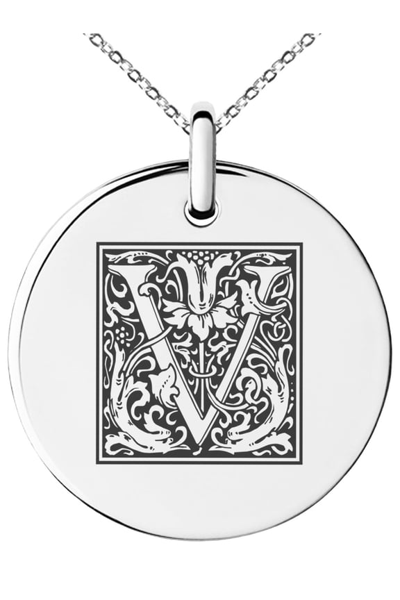 Stainless Steel Letter V Initial Floral Box Monogram Engraved Small Medallion Circle Charm Pendant Necklace