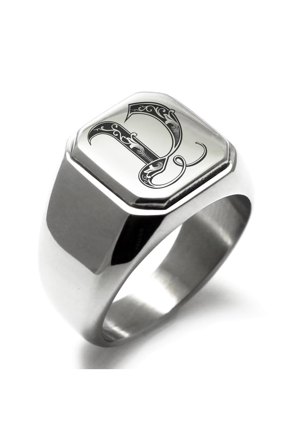 Stainless Steel Letter V Initial Royal Monogram Engraved Engraved Square Flat Top Biker Style Polished Signet Ring