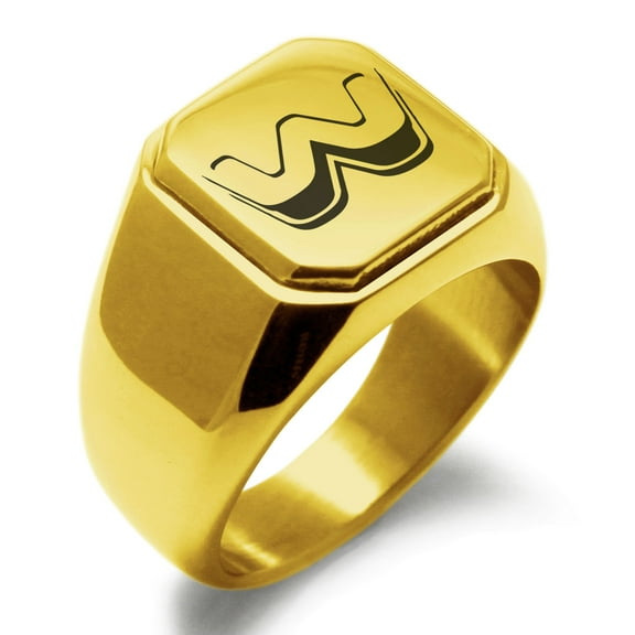 Stainless Steel Letter W Initial 3D Monogram Engraved Engraved Square Flat Top Biker Style Polished Signet Ring