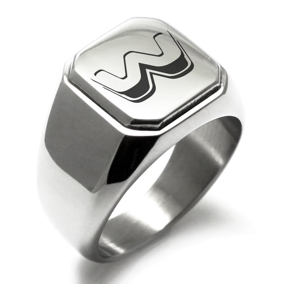 Stainless Steel Letter W Initial 3D Monogram Engraved Engraved Square Flat Top Biker Style Polished Signet Ring