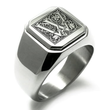 Tioneer Stainless Steel Letter W Initial Floral Box Monogram Engraved Engraved Square Flat Top Biker Style Polished Signet Ring