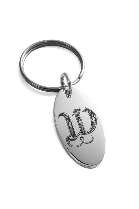 Stainless Steel Letter W Initial Royal Monogram Engraved Small Oval Charm Keychain Keyring