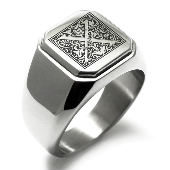 Tioneer Stainless Steel Letter X Initial Floral Box Monogram Engraved Square Flat Top Biker Style Polished Signet Ring