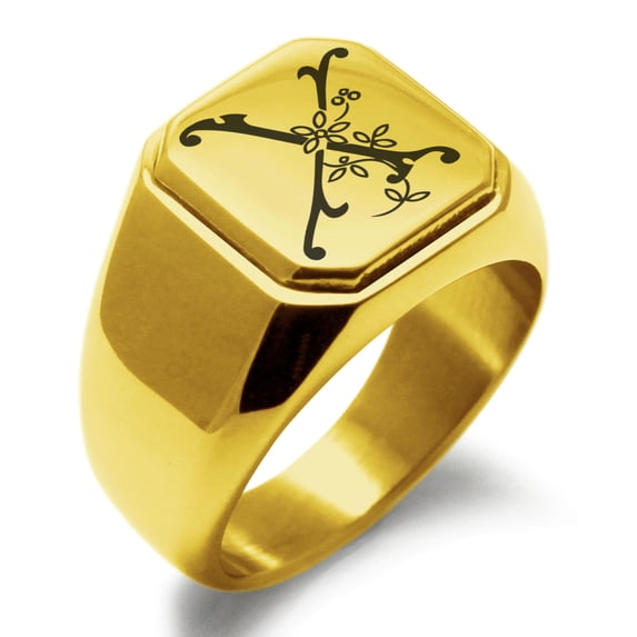 Stainless Steel Letter X Initial Floral Monogram Engraved Engraved Square Flat Top Biker Style Polished Signet Ring