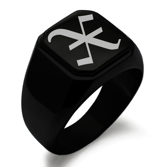 Tioneer Stainless Steel Letter X Initial Old English Monogram Engraved Square Flat Top Biker Style Polished Signet Ring