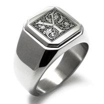 Stainless Steel Letter Y Initial Floral Box Monogram Engraved Engraved Square Flat Top Biker Style Polished Signet Ring