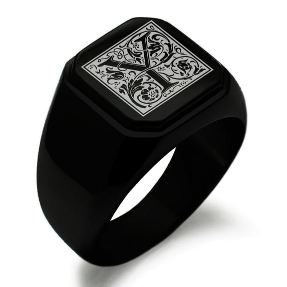 Stainless Steel Letter Y Initial Floral Box Monogram Engraved Engraved Square Flat Top Biker Style Polished Signet Ring