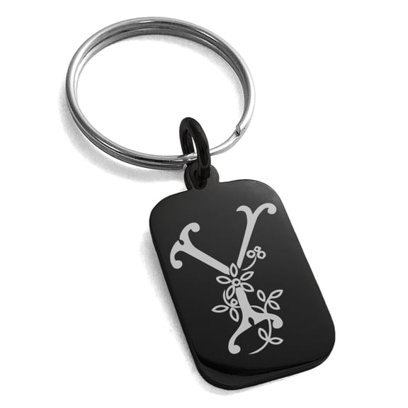 Stainless Steel Letter Y Initial Floral Monogram Engraved Small Rectangle Dog Tag Charm Keychain Keyring